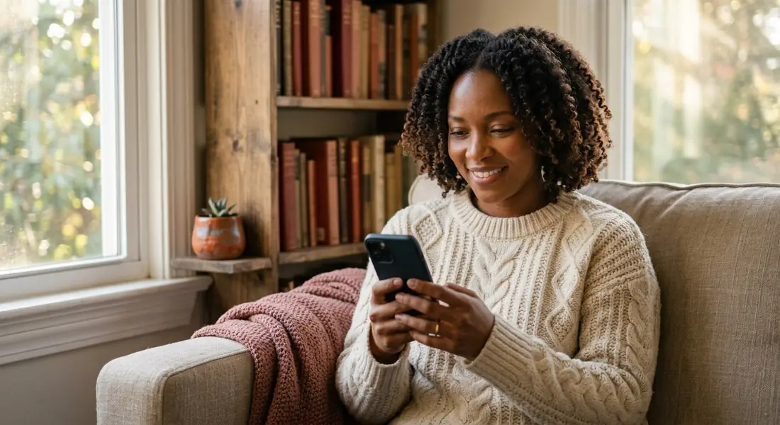 A woman on a sofa, smiling at her phone.