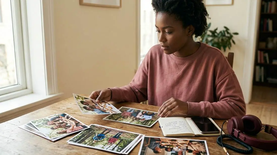 Someone sitting at a table with printed photographs and an open journal, going through their material