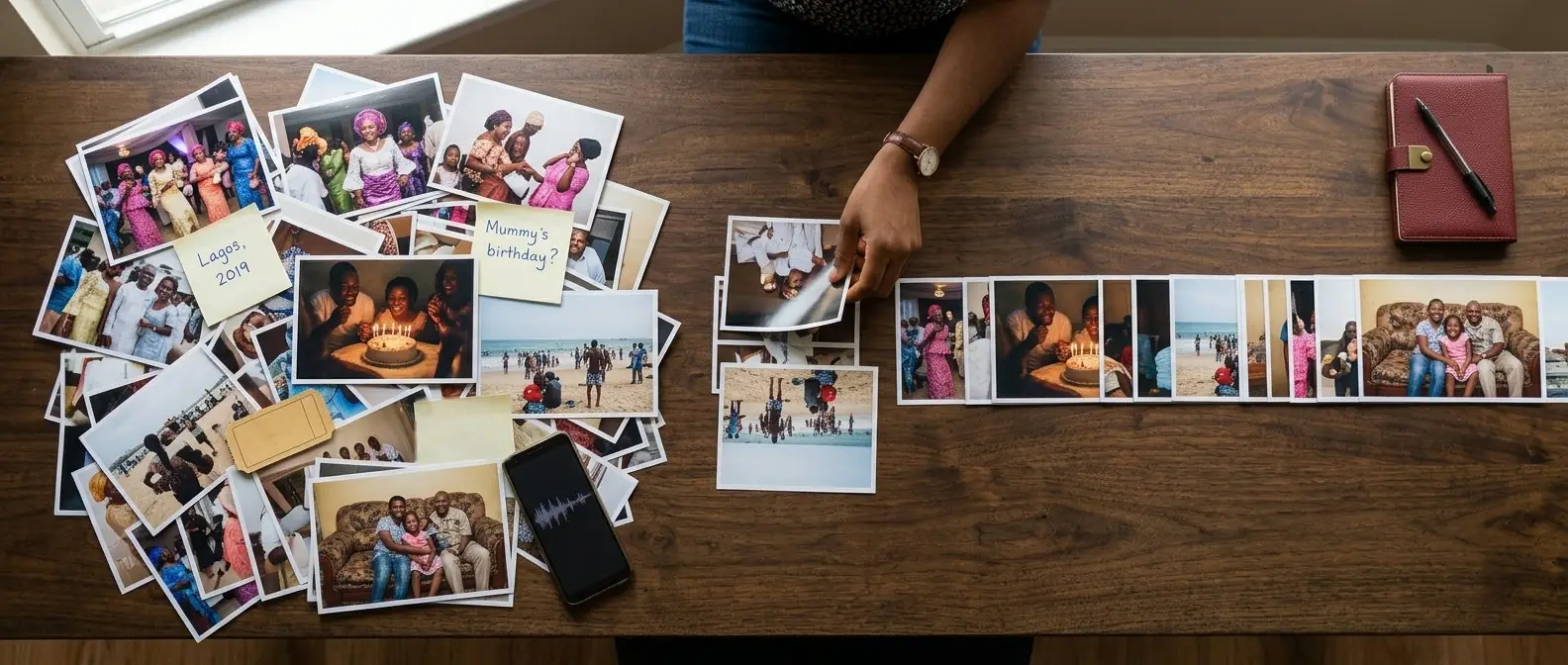 Loose printed photographs, handwritten notes and a phone scattered on one side of a table, and the same photographs being sorted into a neat row on the other