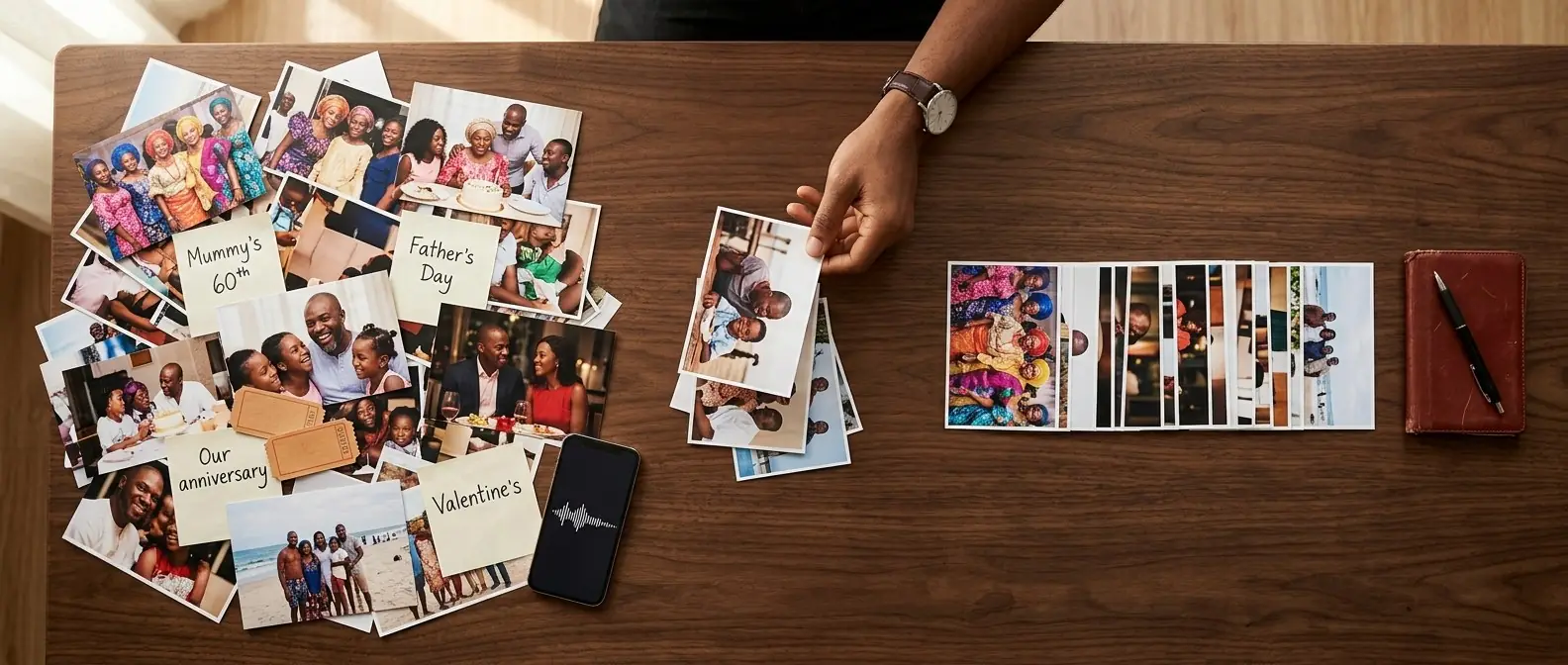 Printed family photographs, handwritten notes for different occasions and a phone scattered on a table, with some of the photos being sorted into a neat row